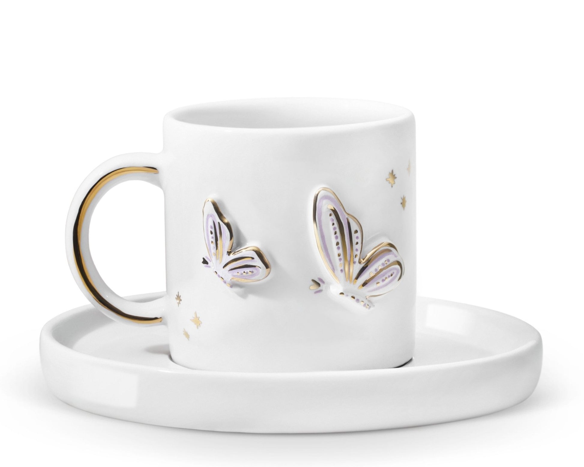 Hediyelik kelebek desenli el yapımı seramik fincan, 24K altın dekorlu premium handmade butterfly temalı tasarım fincan ve tabağı.