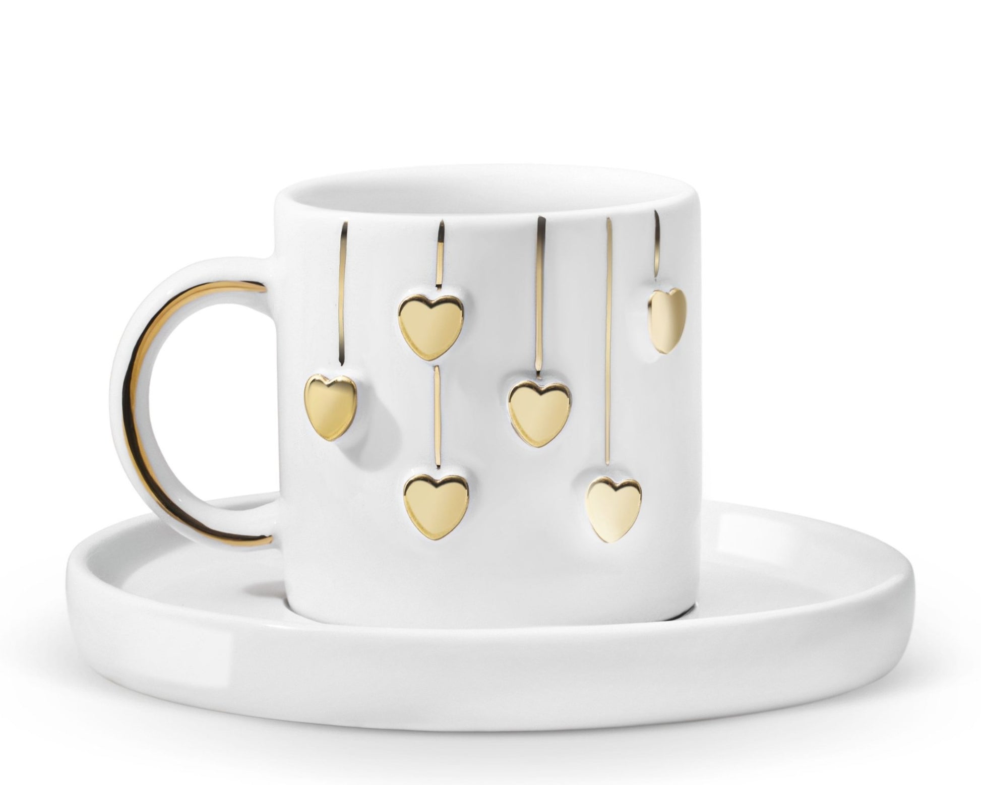 Hediyelik sallanan altın kalpler desenli el yapımı seramik fincan, 24K altın dekorlu premium handmade hanging gold hearts temalı tasarım fincan ve tabağı.