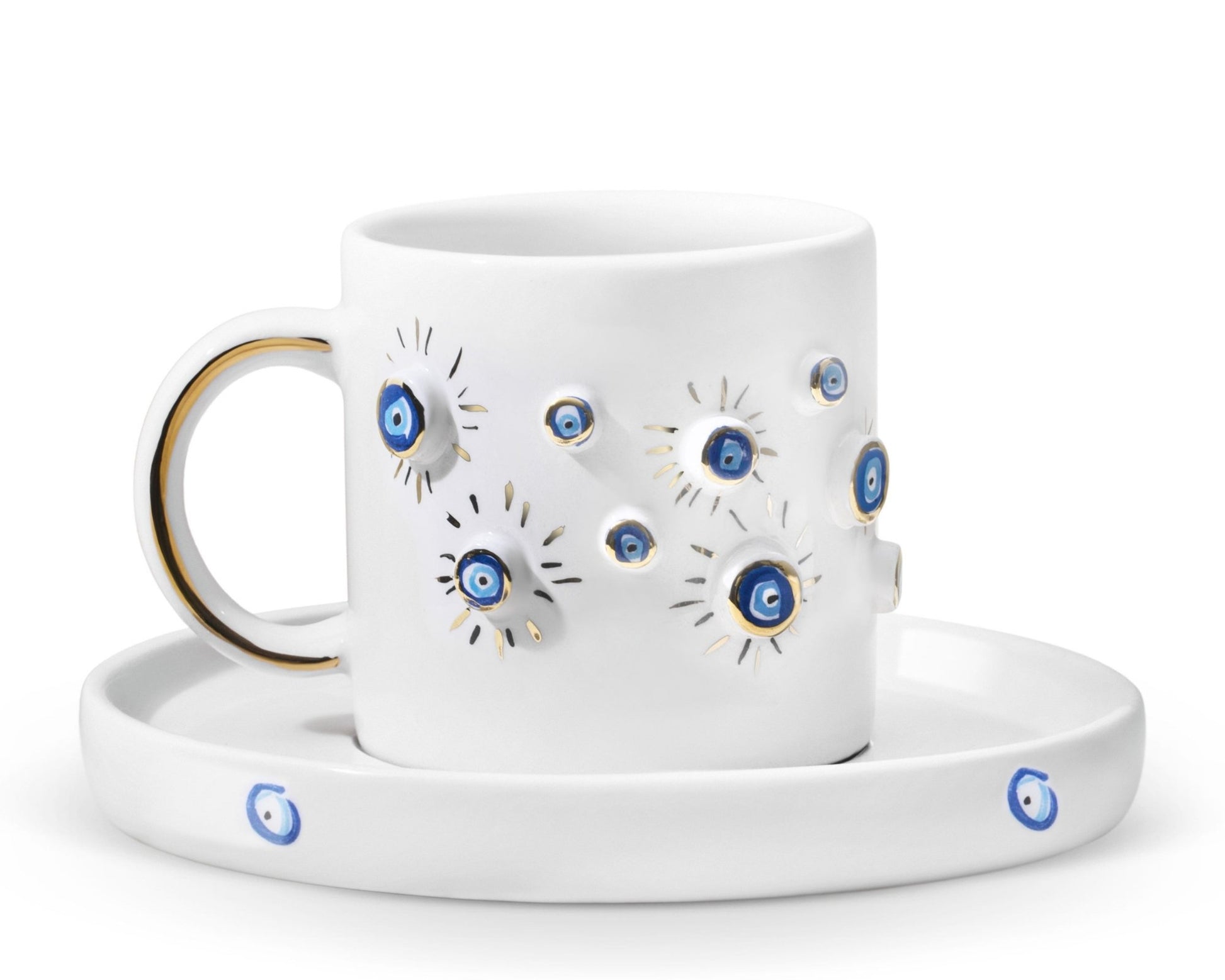 Hediyelik nazar boncuğu evil eye desenli el yapımı seramik fincan, 24K altın dekorlu premium handmade nazar boncuğu temalı tasarım fincan ve tabağı.