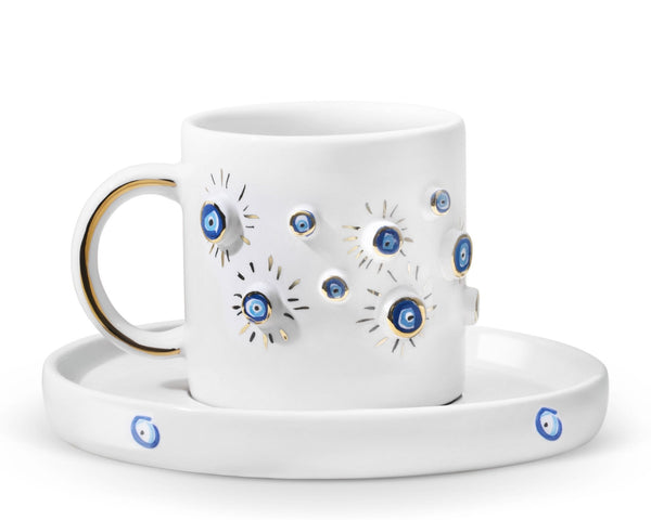 Hediyelik nazar boncuğu evil eye desenli el yapımı seramik fincan, 24K altın dekorlu premium handmade nazar boncuğu temalı tasarım fincan ve tabağı.