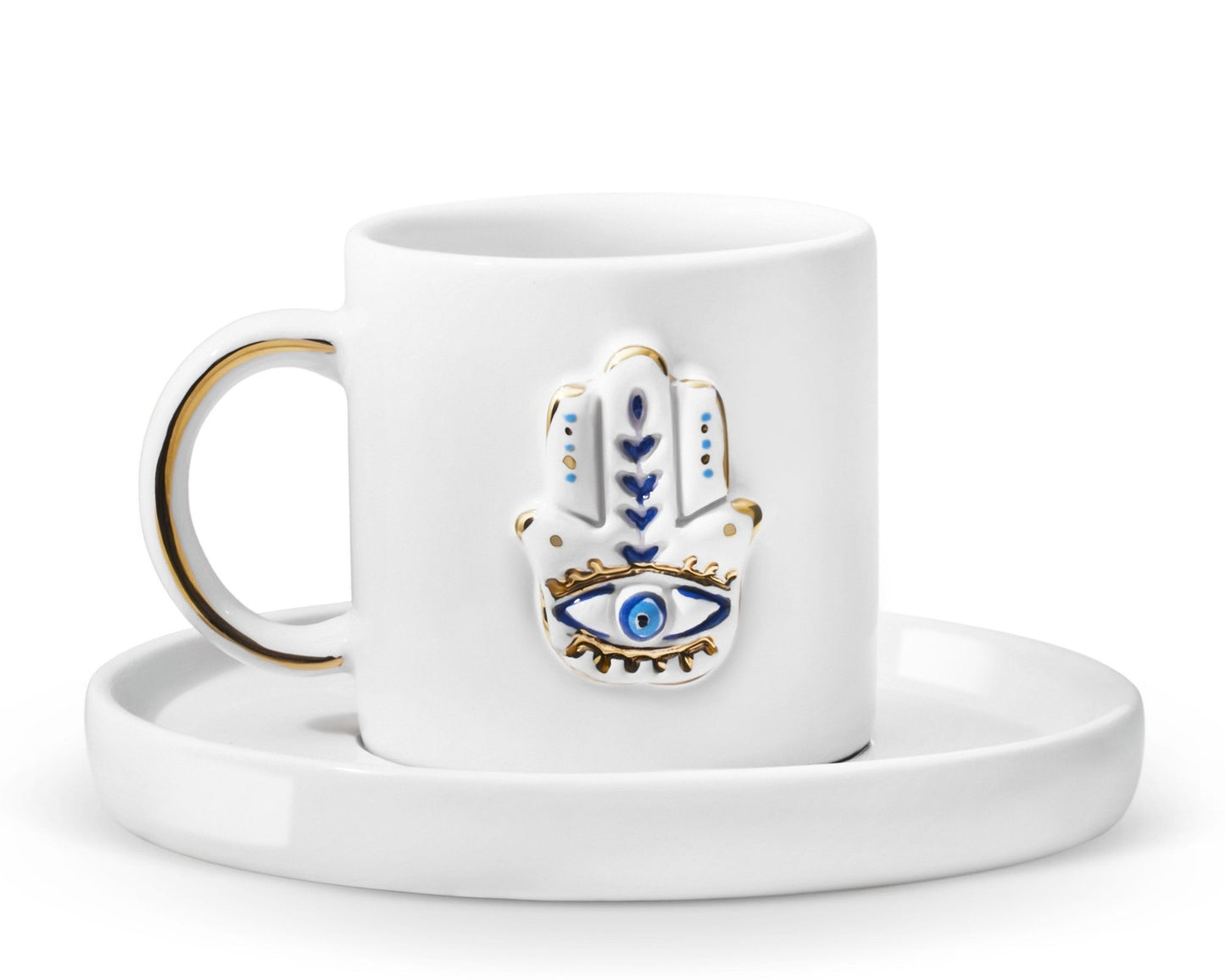 Hediyelik nazar boncuğu hamsa evil eye desenli el yapımı seramik fincan, 24K altın dekorlu premium handmade nazar boncuğu fatıma'nın eli temalı tasarım fincan ve tabağı.