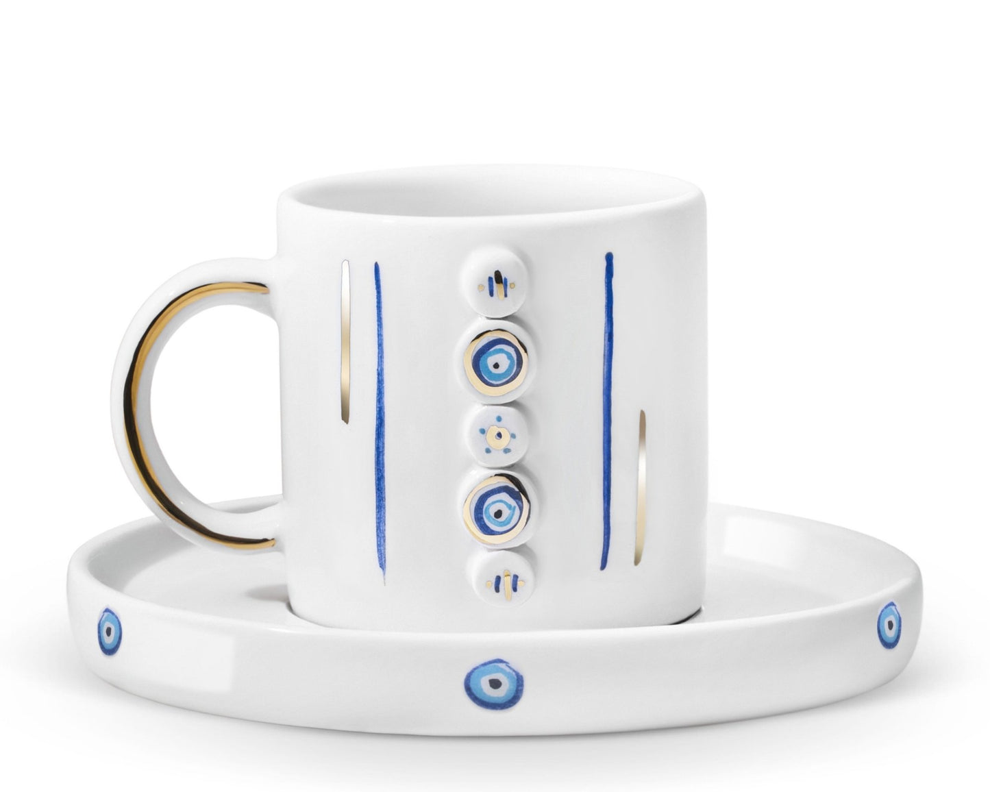 Hediyelik nazar sütunu evil eye desenli el yapımı seramik fincan, 24K altın dekorlu premium handmade nazar boncuğu temalı tasarım fincan ve tabağı.