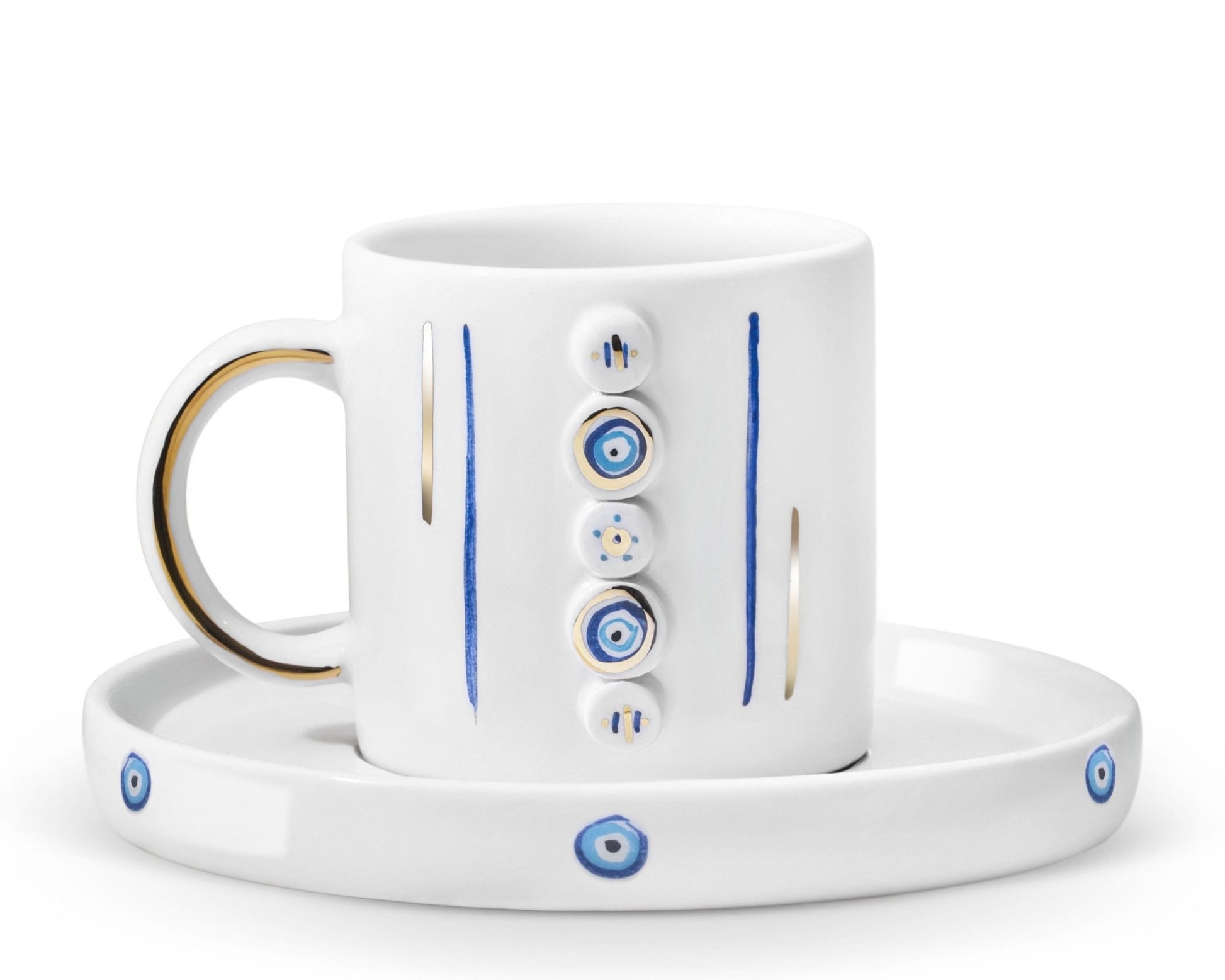Hediyelik nazar sütunu evil eye desenli el yapımı seramik fincan, 24K altın dekorlu premium handmade nazar boncuğu temalı tasarım fincan ve tabağı.