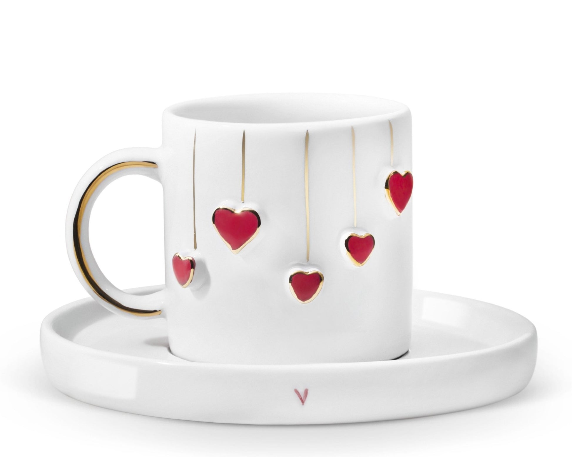 Hediyelik sallanan kırmızı kalp desenli el yapımı seramik fincan, 24K altın dekorlu premium handmade hanging red heart temalı tasarım fincan ve tabağı.