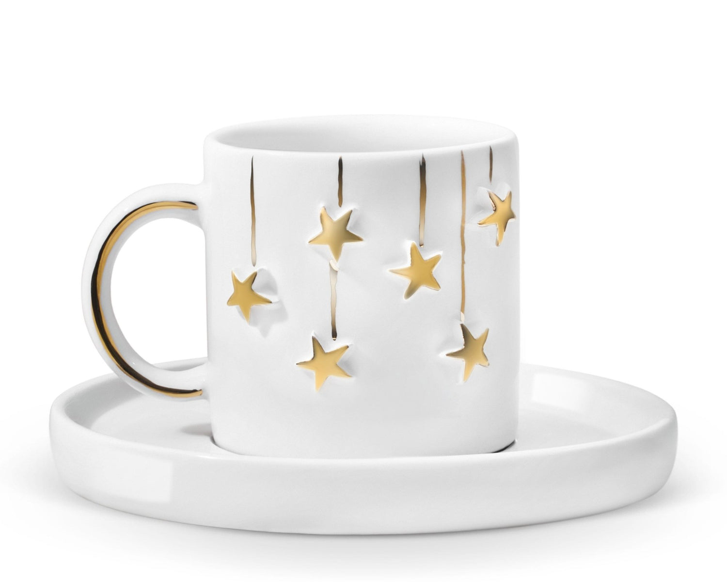 Hediyelik altın yıldız desenli el yapımı seramik fincan, 24K altın dekorlu premium handmade gold star temalı tasarım fincan ve tabağı.