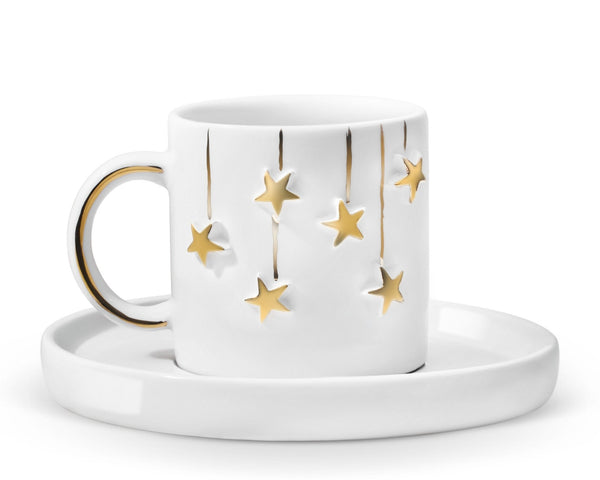 Hediyelik altın yıldız desenli el yapımı seramik fincan, 24K altın dekorlu premium handmade gold star temalı tasarım fincan ve tabağı.