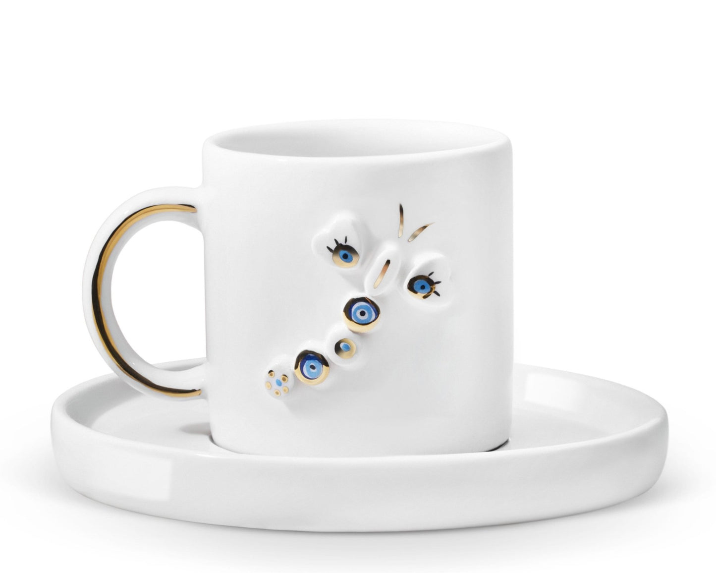 Hediyelik yusufçuk desenli el yapımı seramik fincan, 24K altın dekorlu premium handmade nazar boncuğu temalı tasarım fincan ve tabağı.