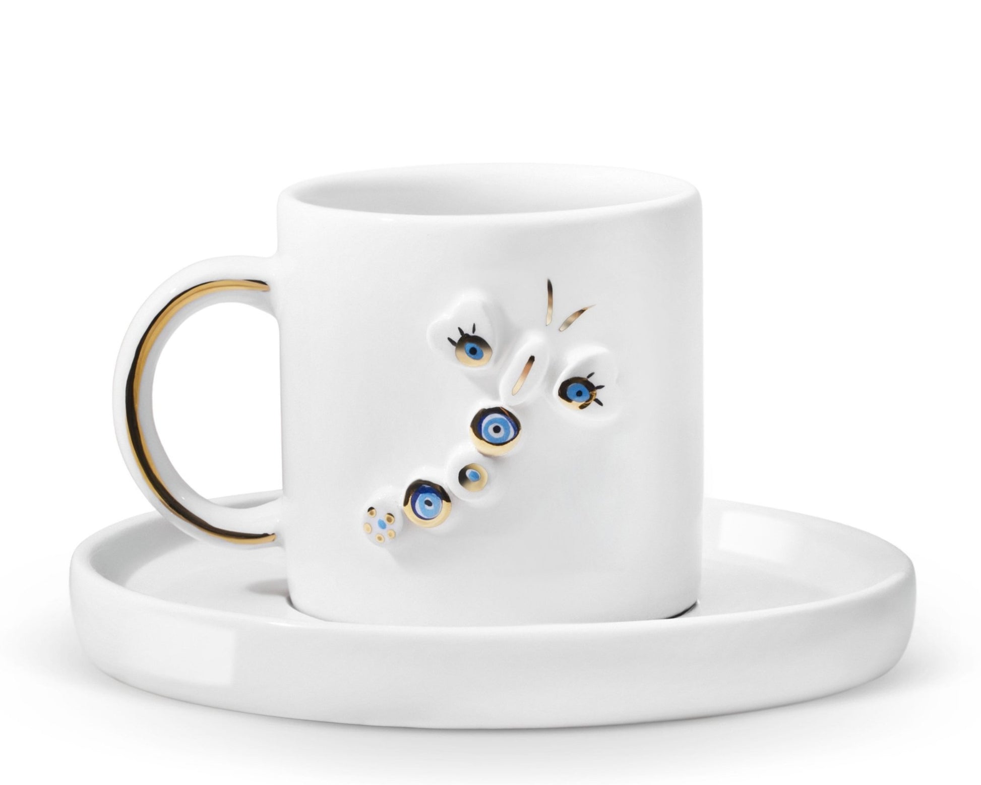 Hediyelik yusufçuk desenli el yapımı seramik fincan, 24K altın dekorlu premium handmade nazar boncuğu temalı tasarım fincan ve tabağı.