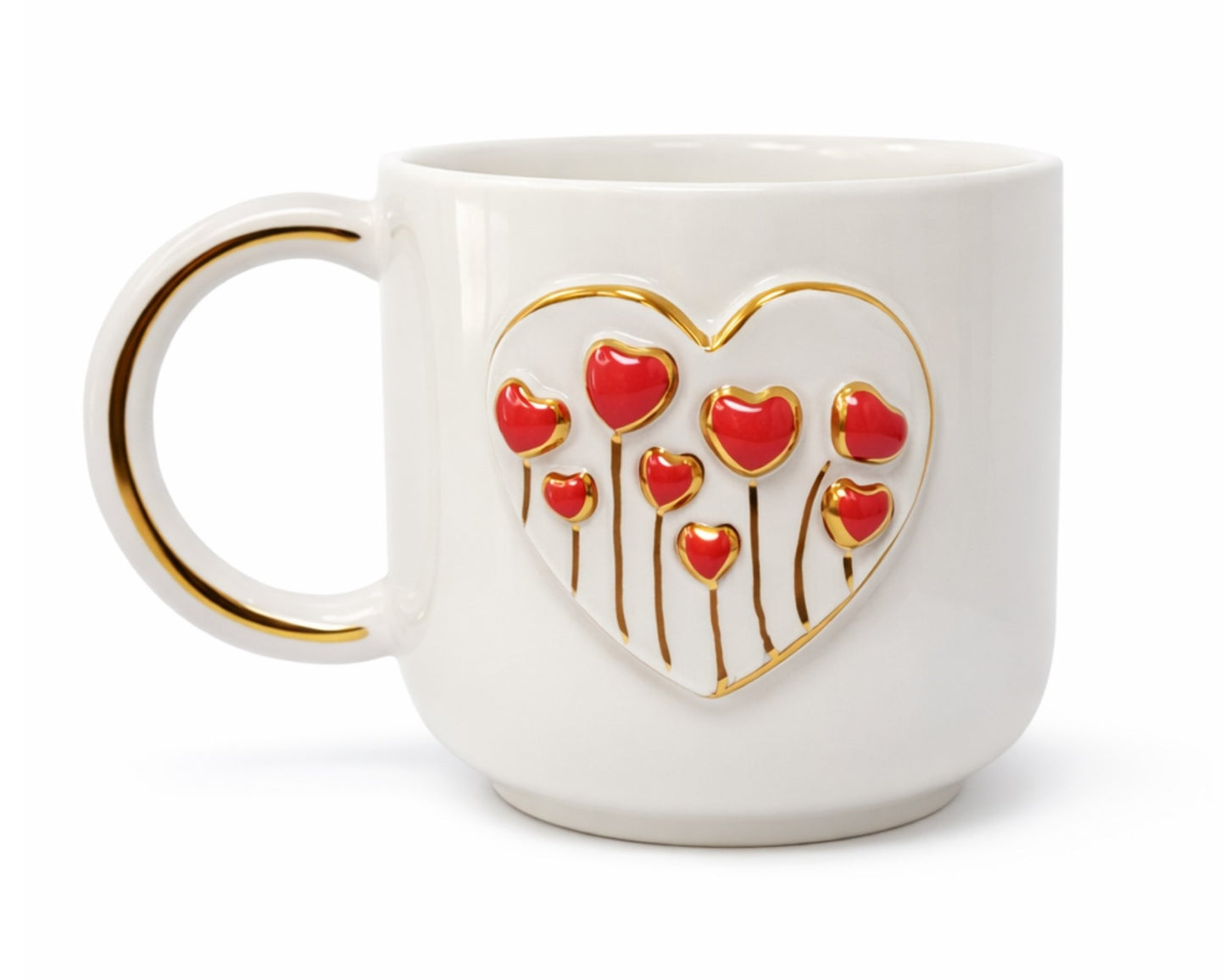 Hediyelik kalp in kalp desenli el yapımı seramik kupa, 24K altın dekorlu premium handmade red heart temalı tasarım mug.