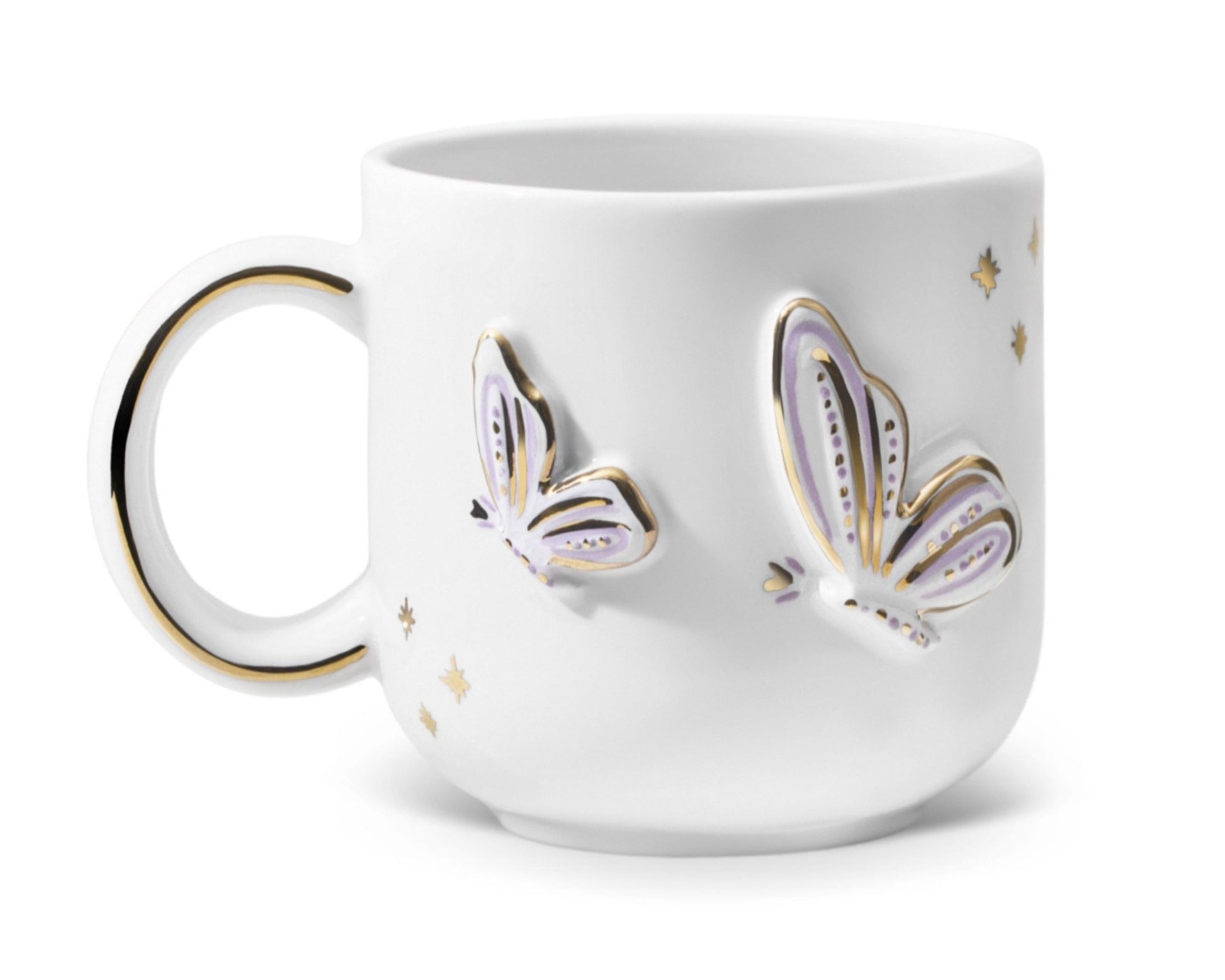 Hediyelik altın kelebek desenli el yapımı seramik kupa, 24K altın dekorlu premium handmade gold butterfly temalı tasarım mug.