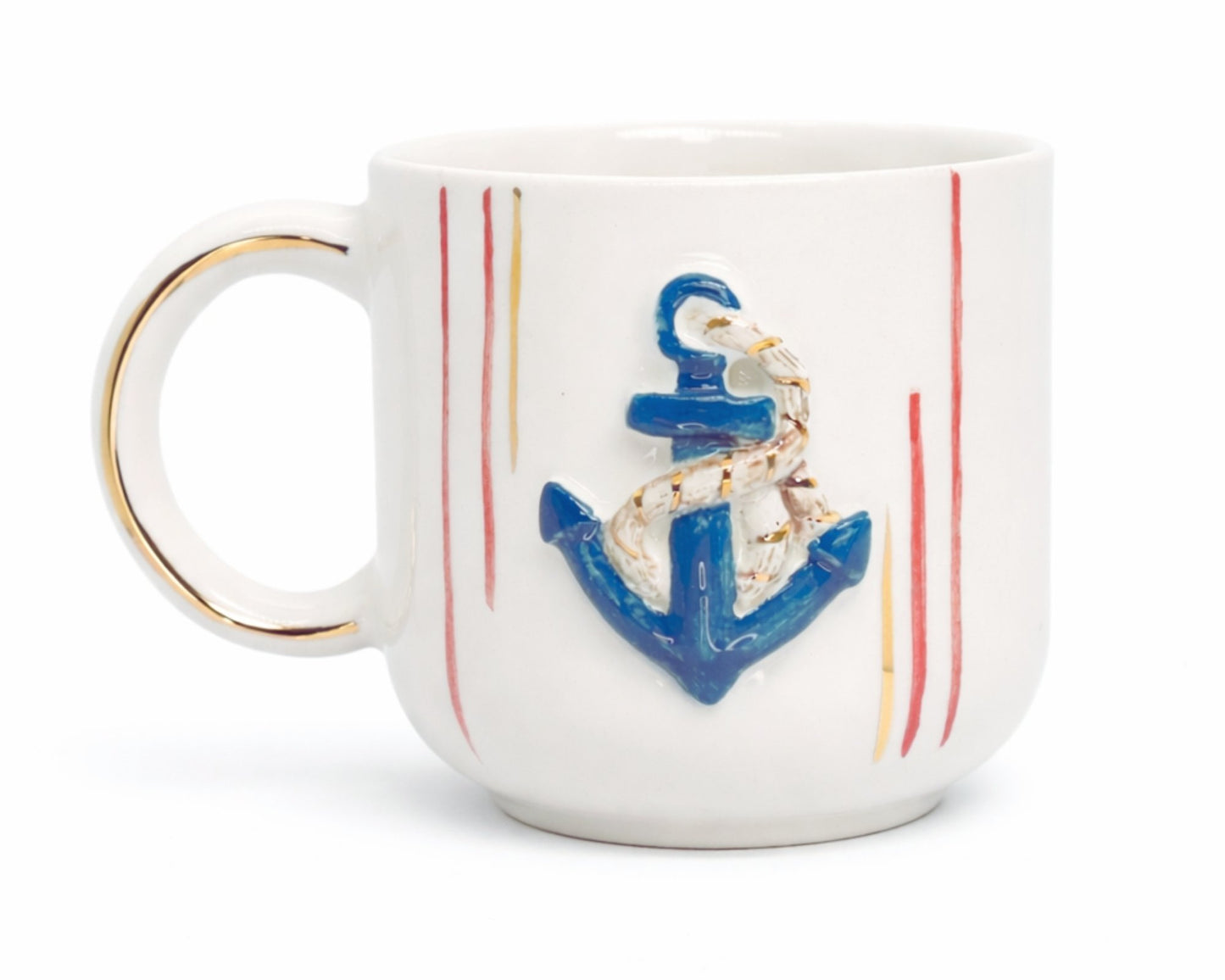 Hediyelik marine çapa desenli el yapımı seramik fincan, 24K altın dekorlu premium handmade marine temalı tasarım fincan ve tabağı.