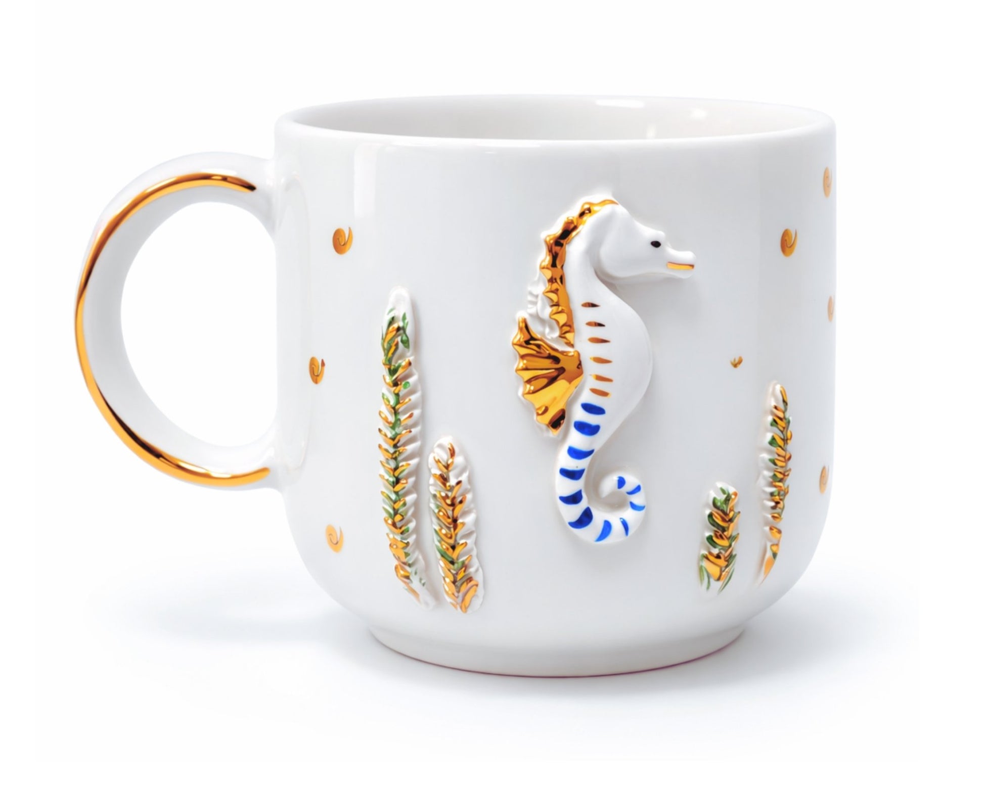 Hediyelik marine deniz desenli el yapımı seramik kupa, 24K altın dekorlu premium handmade marine temalı tasarım mug.