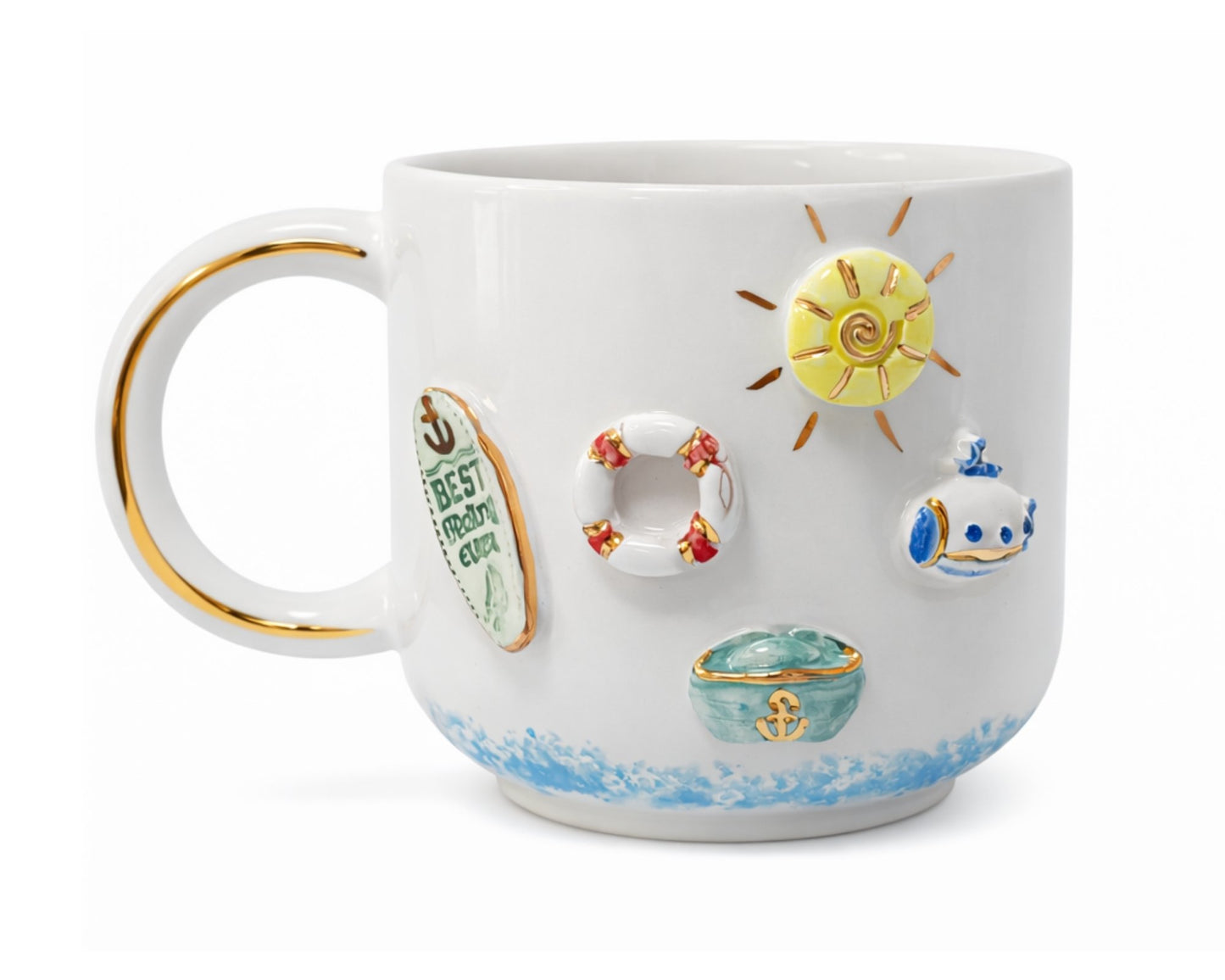 Hediyelik marine sahil desenli el yapımı seramik kupa, 24K altın dekorlu premium handmade marine temalı tasarım mug.