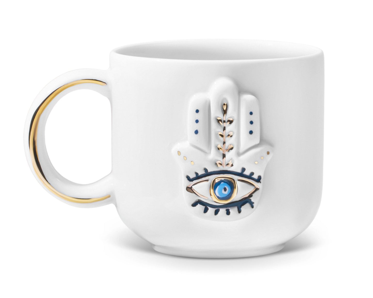 Hediyelik hamsa fatıma'nın eli desenli el yapımı seramik kupa, 24K altın dekorlu premium handmade nazar boncuğu luma temalı tasarım mug.
