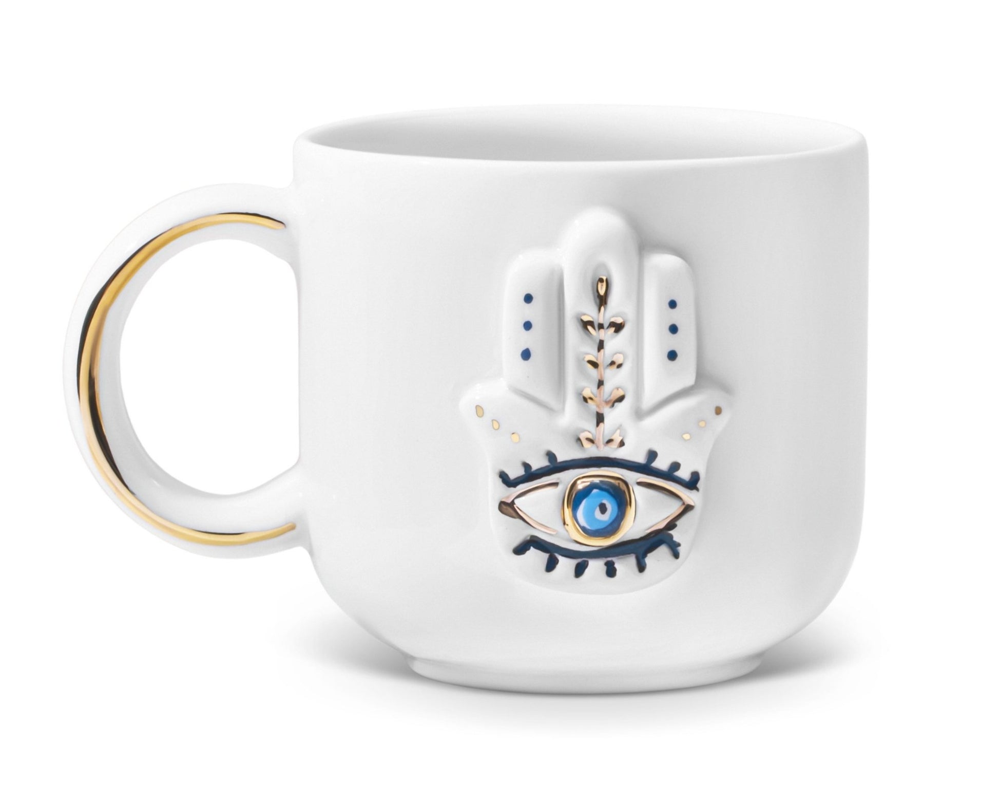 Hediyelik hamsa fatıma'nın eli desenli el yapımı seramik kupa, 24K altın dekorlu premium handmade nazar boncuğu luma temalı tasarım mug.