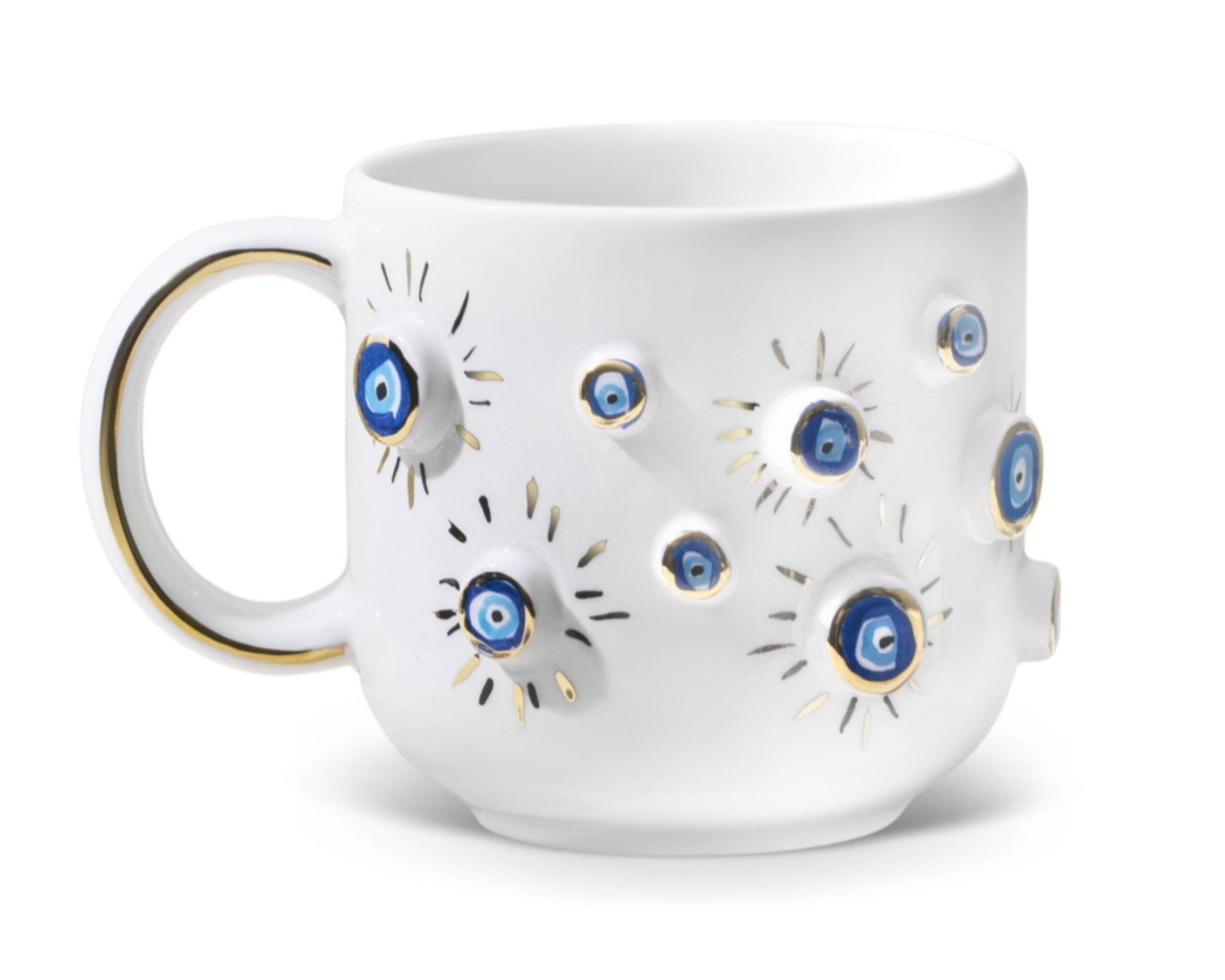 Hediyelik nazar boncukları desenli el yapımı seramik kupa, 24K altın dekorlu premium handmade dağınık nazar boncukları temalı tasarım mug.