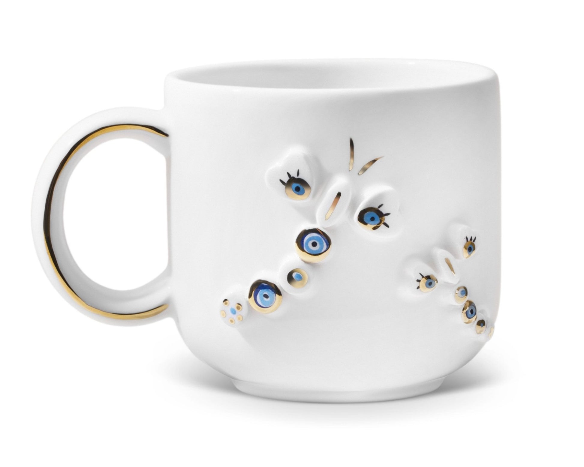 Hediyelik yusufçuk desenli el yapımı seramik kupa, 24K altın dekorlu premium handmade nazar boncuğu temalı tasarım mug.