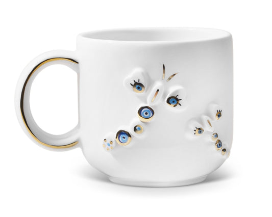 Hediyelik yusufçuk desenli el yapımı seramik kupa, 24K altın dekorlu premium handmade nazar boncuğu temalı tasarım mug.