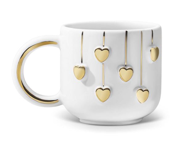 Hediyelik sallanan altın kalp desenli el yapımı seramik kupa, 24K altın dekorlu premium handmade gold love temalı tasarım mug.