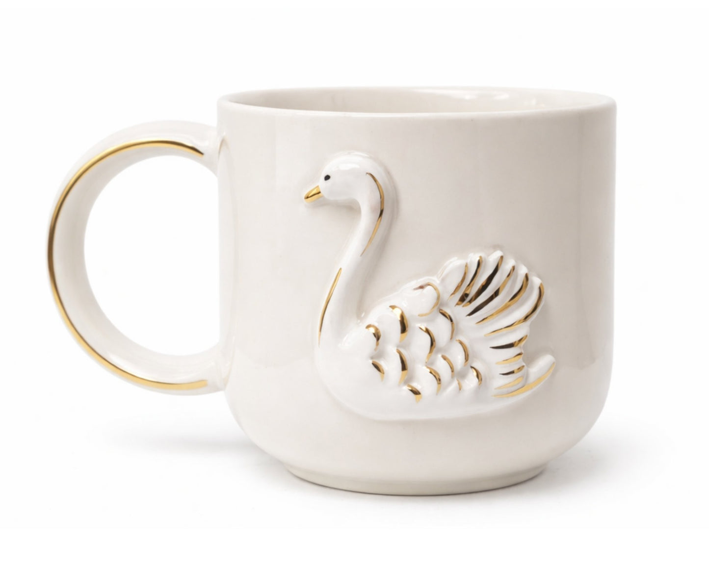 Hediyelik zarif kuğu desenli el yapımı seramik kupa, 24K altın dekorlu premium handmade kuğu temalı tasarım mug.